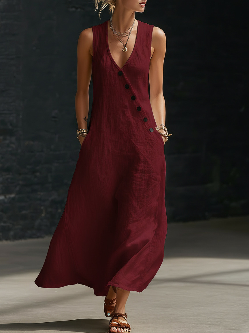 In stock Amazon summer cross-border V-neck sleeveless diagonal button vest dress long women's vacation casual dress - Image 18