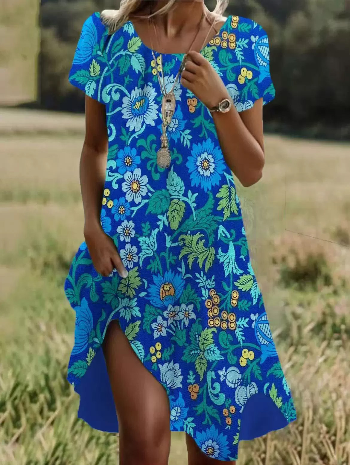 Cross-border Amazon AliExpress independent website summer hot-selling literary and ethnic style large round neck mid-length dress - Image 6