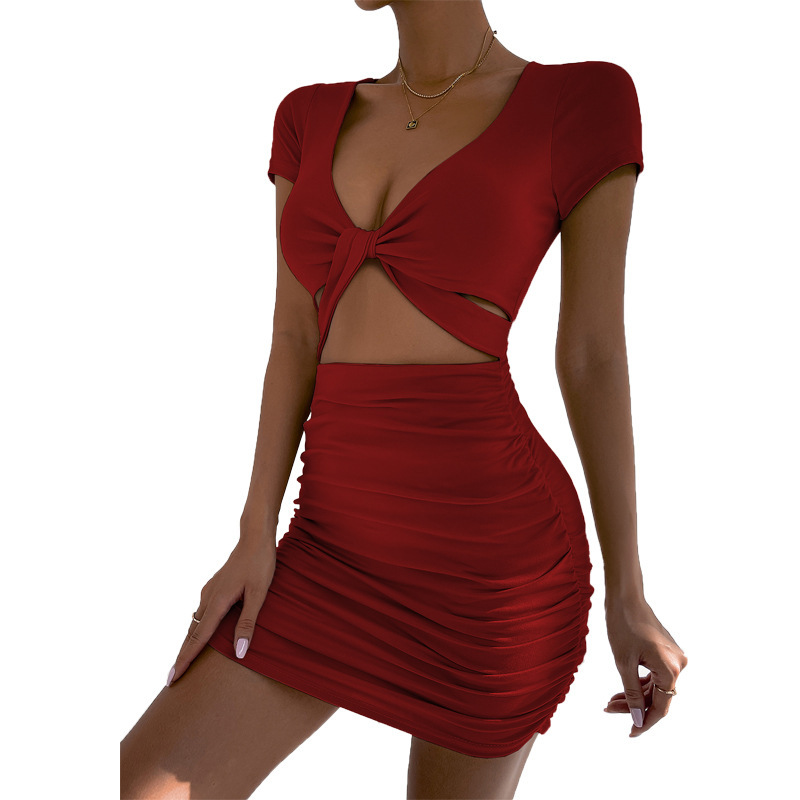 2024 Amazon cross-border women's short-sleeved summer foreign trade wholesale European and American sexy V-neck waist-revealing hip dress - Image 13