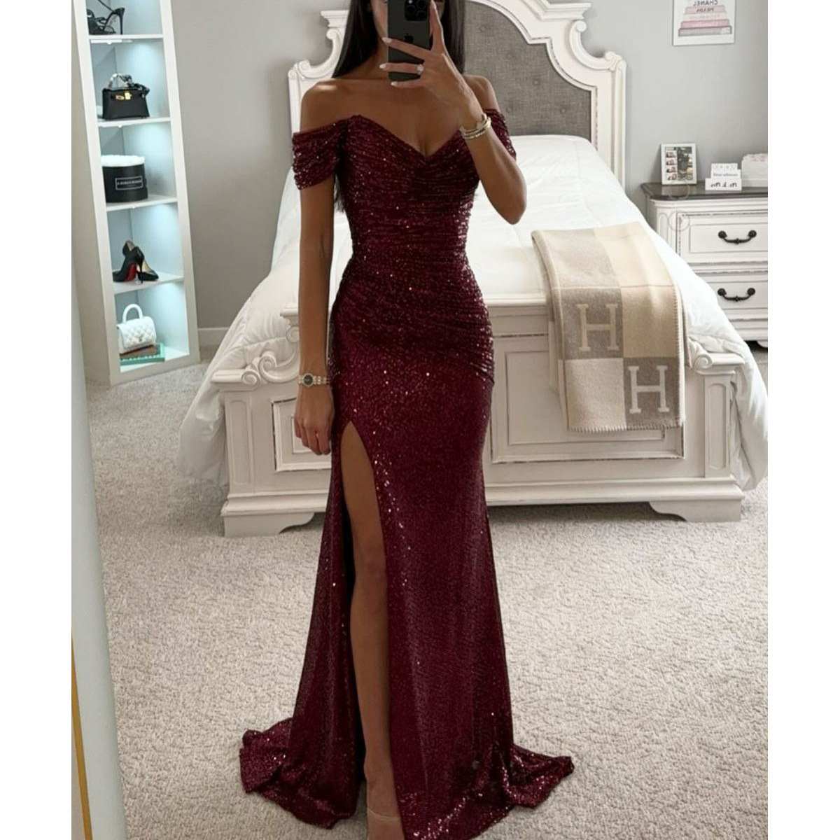 Cross-border 2025 European and American new style party sequined off-shoulder slit dress, INS casual fashion dress for women. - Image 12