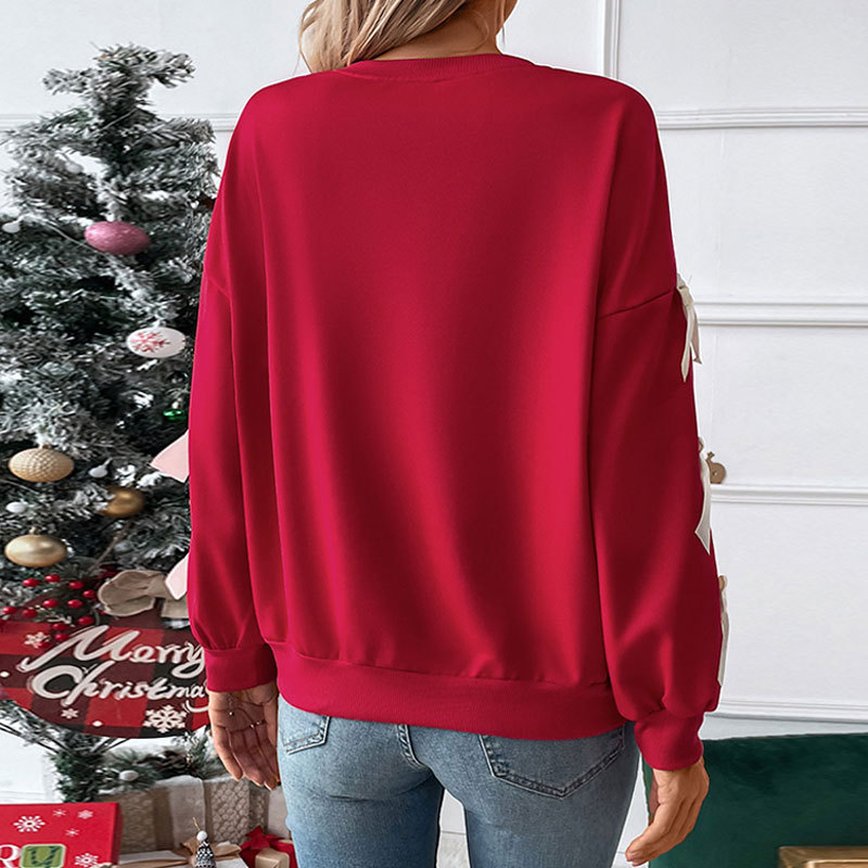 Amazon Fall/Winter Bestseller: Sweet Style Round Neck Bow Tie Red Christmas Sweatshirt for Women (European and American Style) - Image 4
