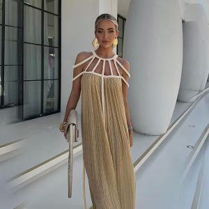 2024 European and American Spring New Women's Dress - Strappy Off-Shoulder Sexy Halter Neck Loose Vacation Beach Dress