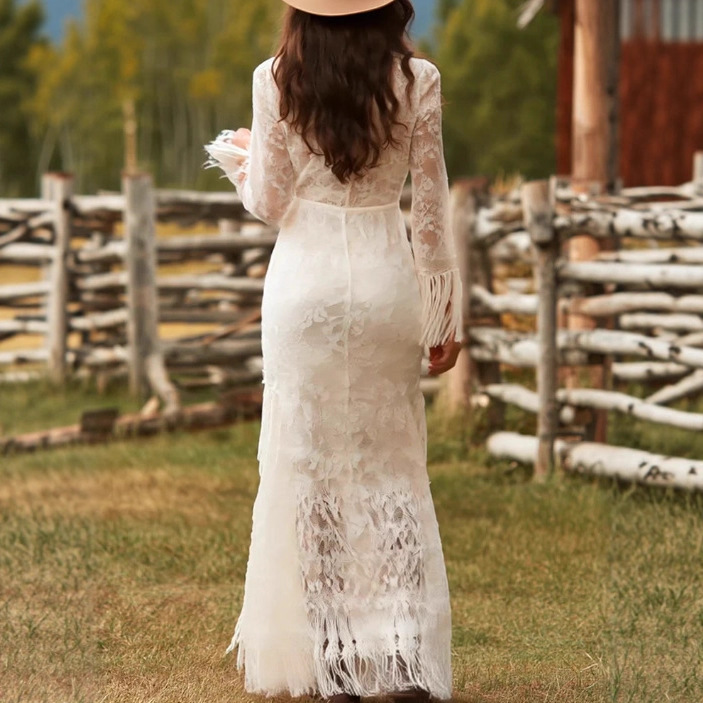 Retro white lace V-neck long-sleeved tassel short dress for European and American cross-border independent websites - Image 3