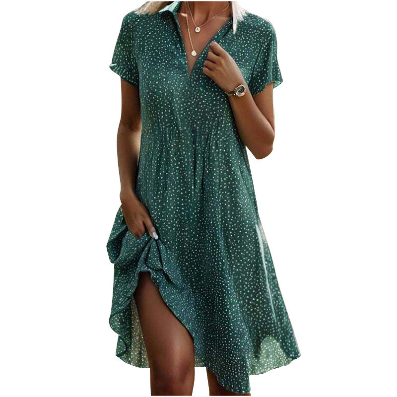 New European and American cross-border trade summer long dress, casual loose V-neck short-sleeved printed polka dot shirt dress for women. - Image 11