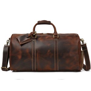 Retro Crazy Horse Leather Travel Bag for Men, Genuine Leather Luggage Bag, 20-inch Large Capacity Handbag with Shoe Compartment, Gym Bag