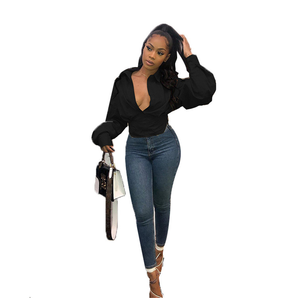 2021 spring and summer new products in Europe and America ebay AliExpress Amazon ladies lapel solid color lantern sleeve loose shirt - Image 3
