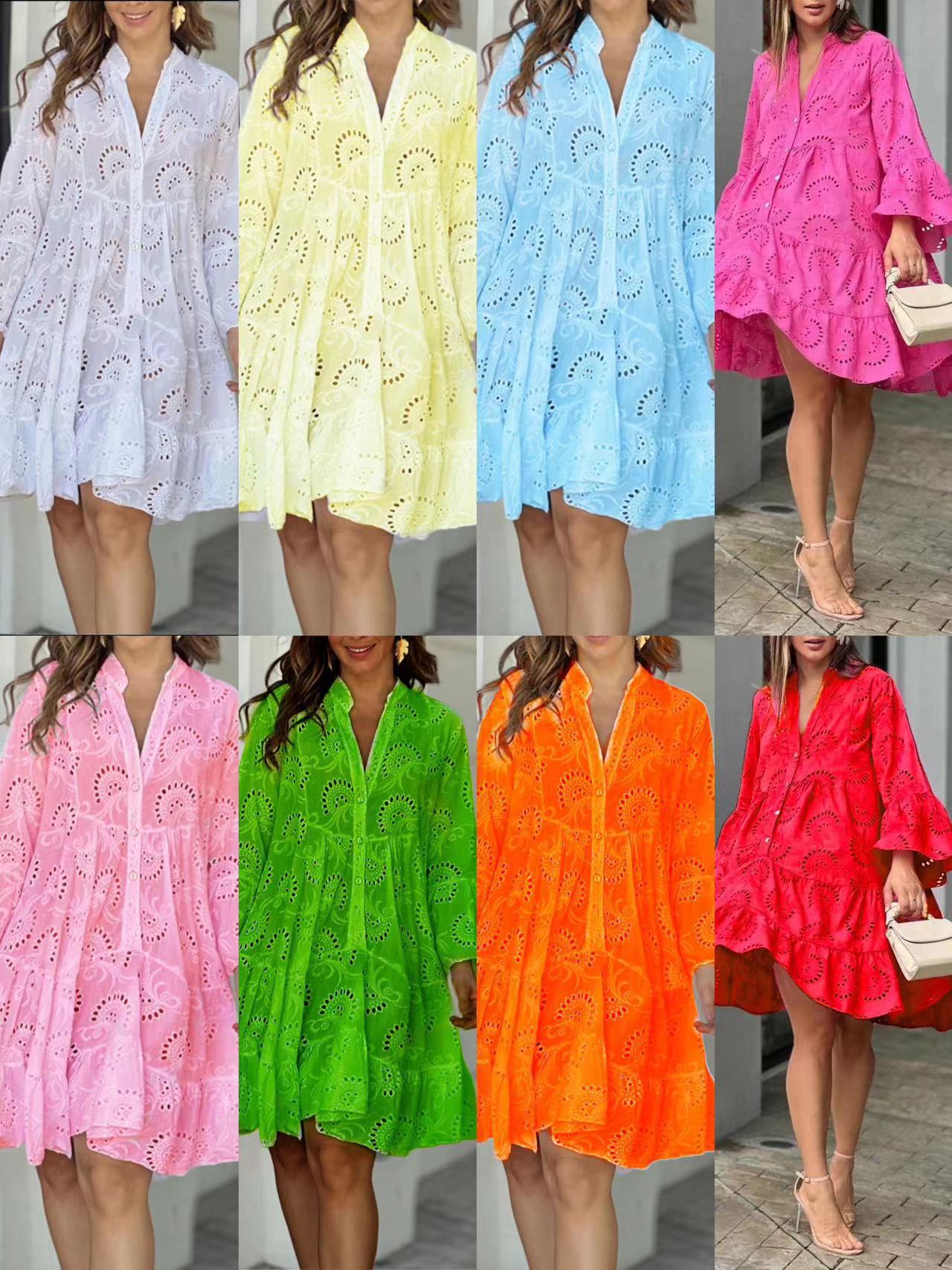 Spot 2023 European and American cross-border spring and summer Amazon solid color V-neck loose embroidery hollow lace dress - Image 2