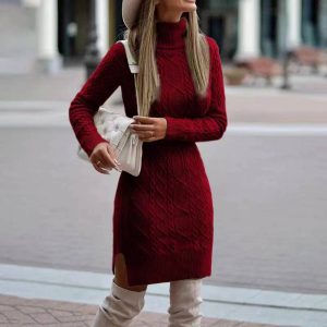Autumn and winter European and American slim long sleeve pullover knitted high collar sweater solid color split twist medium long sweater women's skirt
