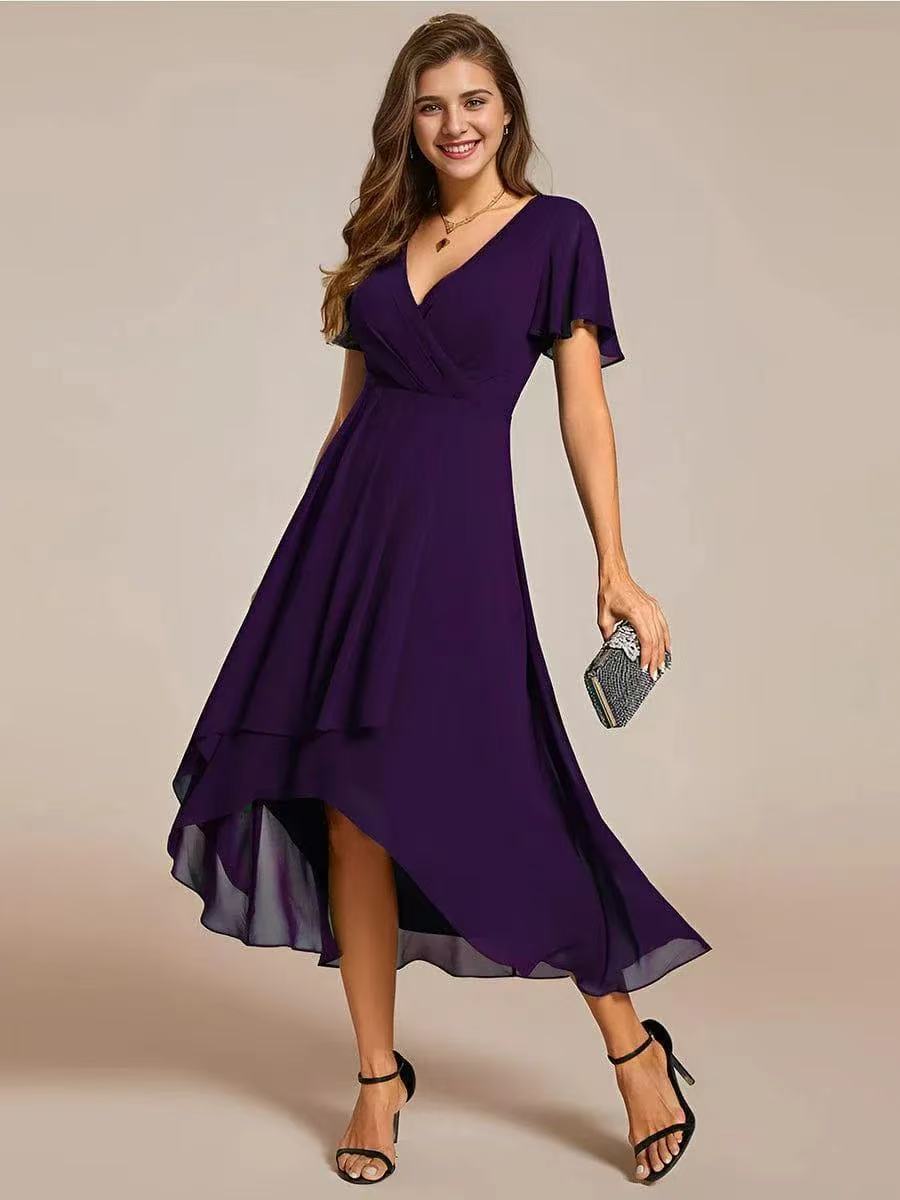 2025 Hot Selling New European and American Cross-border Summer Solid Color V-neck Ruffle Sleeve Chiffon Elegant Party Dress - Image 8