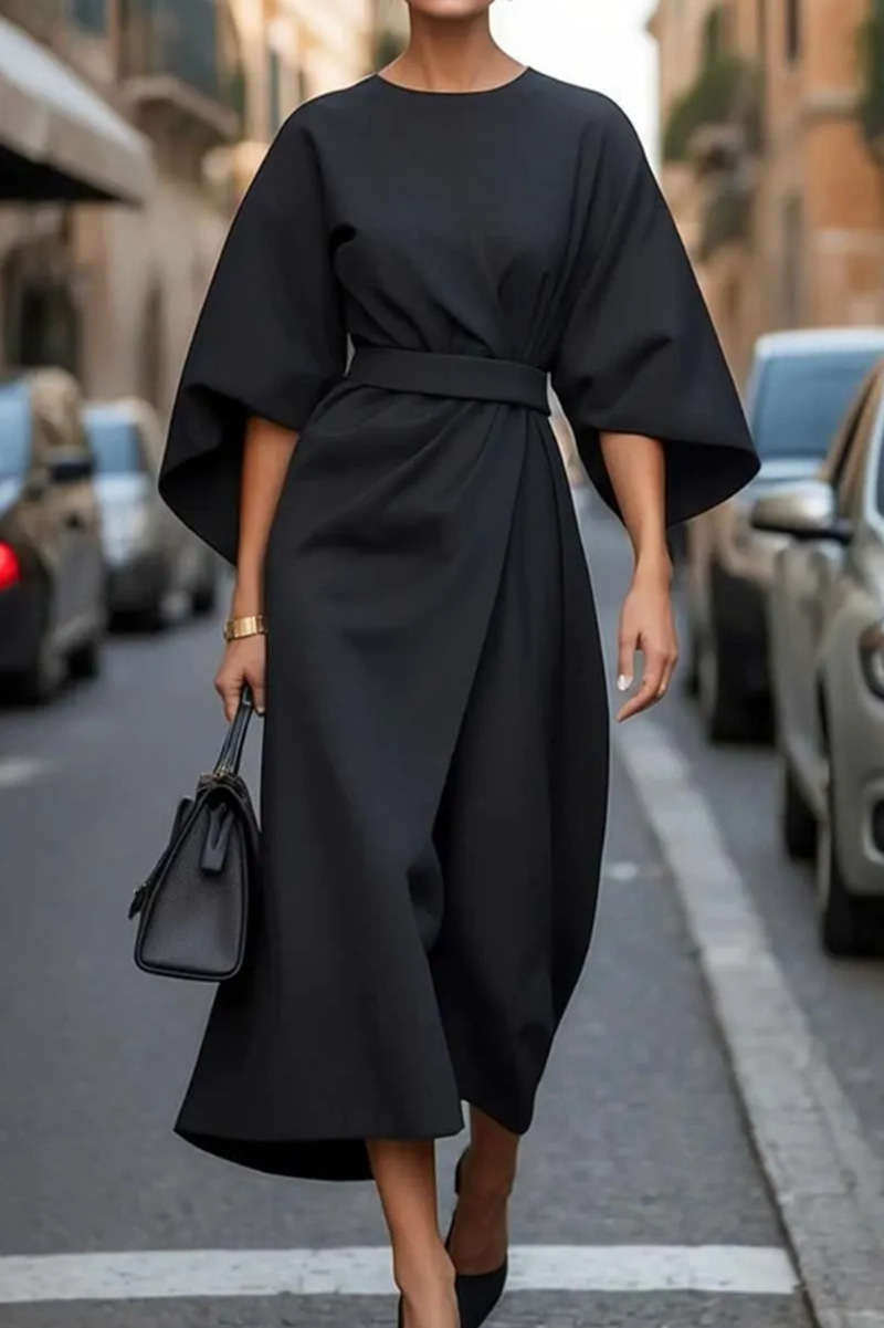 2025 Foreign Trade Women's Clothing, European and American Cross-border Fashion, Elegant Solid Color Waist-cinching Dress, Casual Batwing Sleeve Long Skirt - Image 6