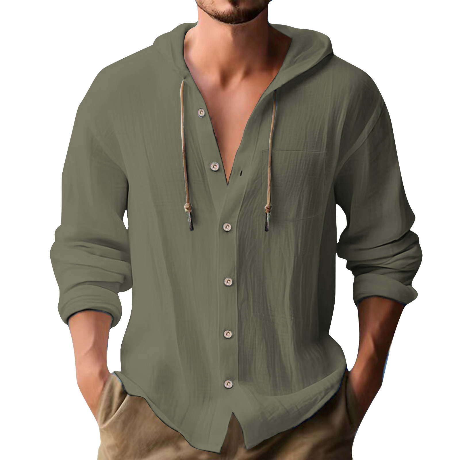 Cross-border European and American 2025 New Hot Selling Sports Trendy Hooded T-shirt Solid Color Cotton Linen Casual Long Sleeve Men's Shirt - Image 14