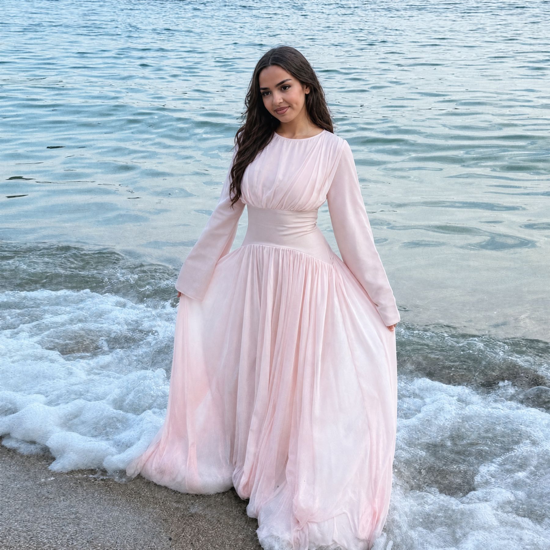 2026 Loriya Elegant Solid Color Long-Sleeved High-Quality Double-Layer Fitted Waist Dress LR1330 - Image 2