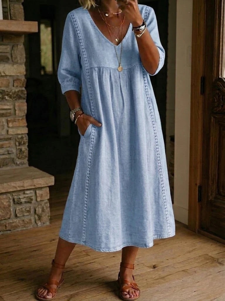 2026 Amazon New Summer European and American Style Cotton Linen V-neck Loose Fit Slimming Three-Quarter Sleeve Mid-Length Women's Dress - Image 13
