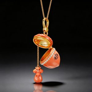 Original 3D diamond-encrusted enamel orange nut pendant design with openable squirrel and acorn clavicle chain