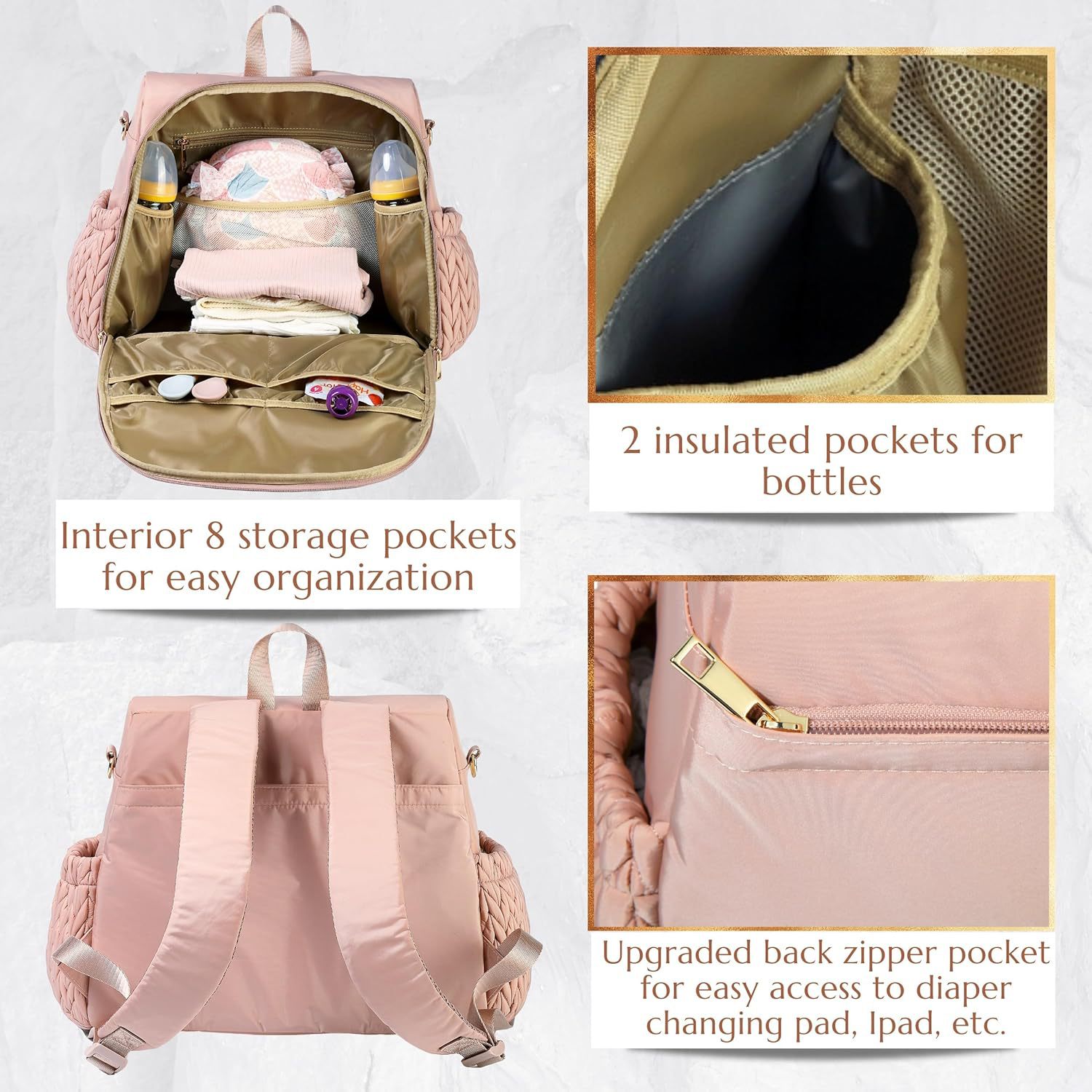 New quilted embroidered backpack mommy bag large capacity fashionable hand-held mommy bag outdoor travel insulation waterproof diaper bag - Image 4