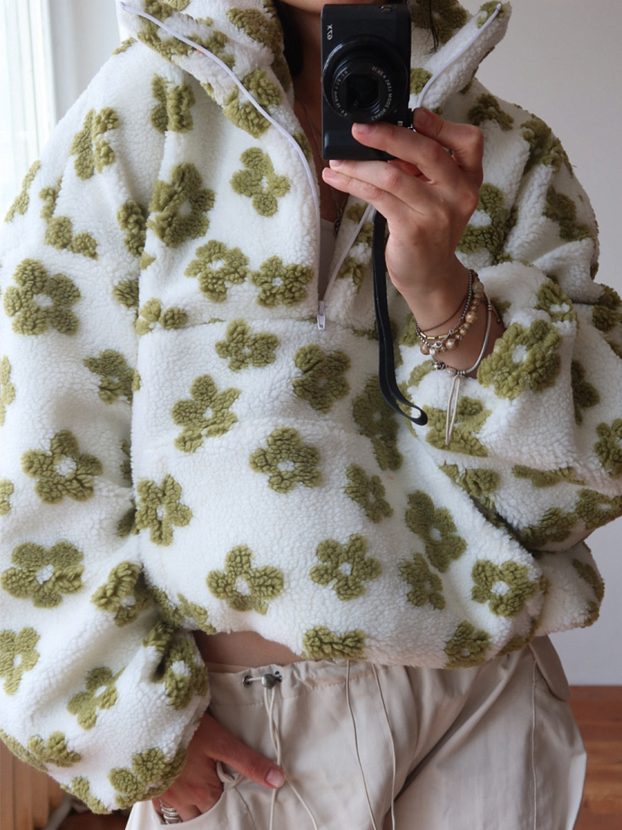European and American cross-border women's clothing 2025 autumn new fashion faux lamb wool print loose zip-up sweatshirt long sleeve top - Image 7