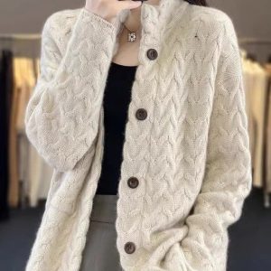 Women's Cable-Knit Cardigan with Stand Collar
