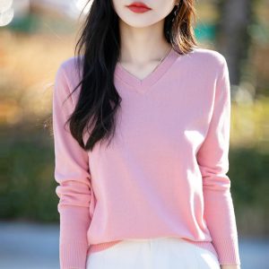 100% Cotton Spring New V-Neck Knitted Long-Sleeved Soft Loose Pullover Simple Solid Color Stylish Base Layer Women's Clothing