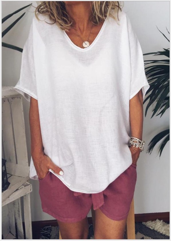 Cross-border e-commerce 2025 Amazon Europe and America Summer New Solid Color Loose Short Sleeve Casual Cotton Linen T-shirt - Image 11