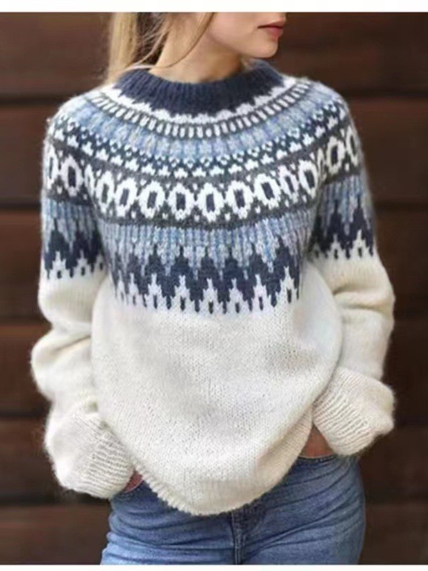 Amazon European and American new sweater women's wish hot sale round neck color matching loose fashion pullover sweater - Image 8