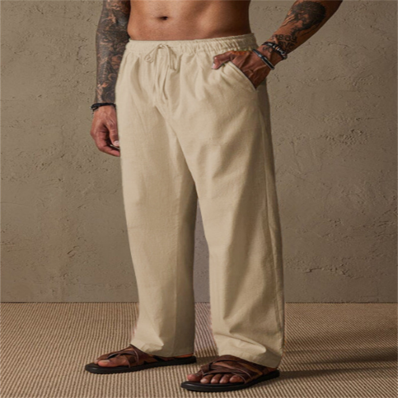 Cross-border European and American style men's linen drawstring solid color breathable outdoor loose casual straight leg cotton linen trousers - Image 13
