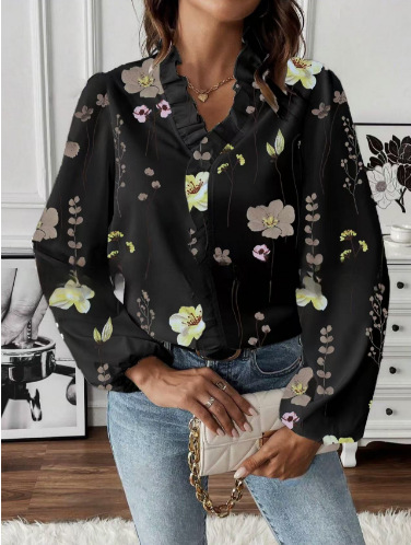 2026 Amazon Foreign Trade Cross-border Wish Independent Station European and American Spring and Autumn Ruffled Blouse Women's Long Sleeve Shirt - Image 8