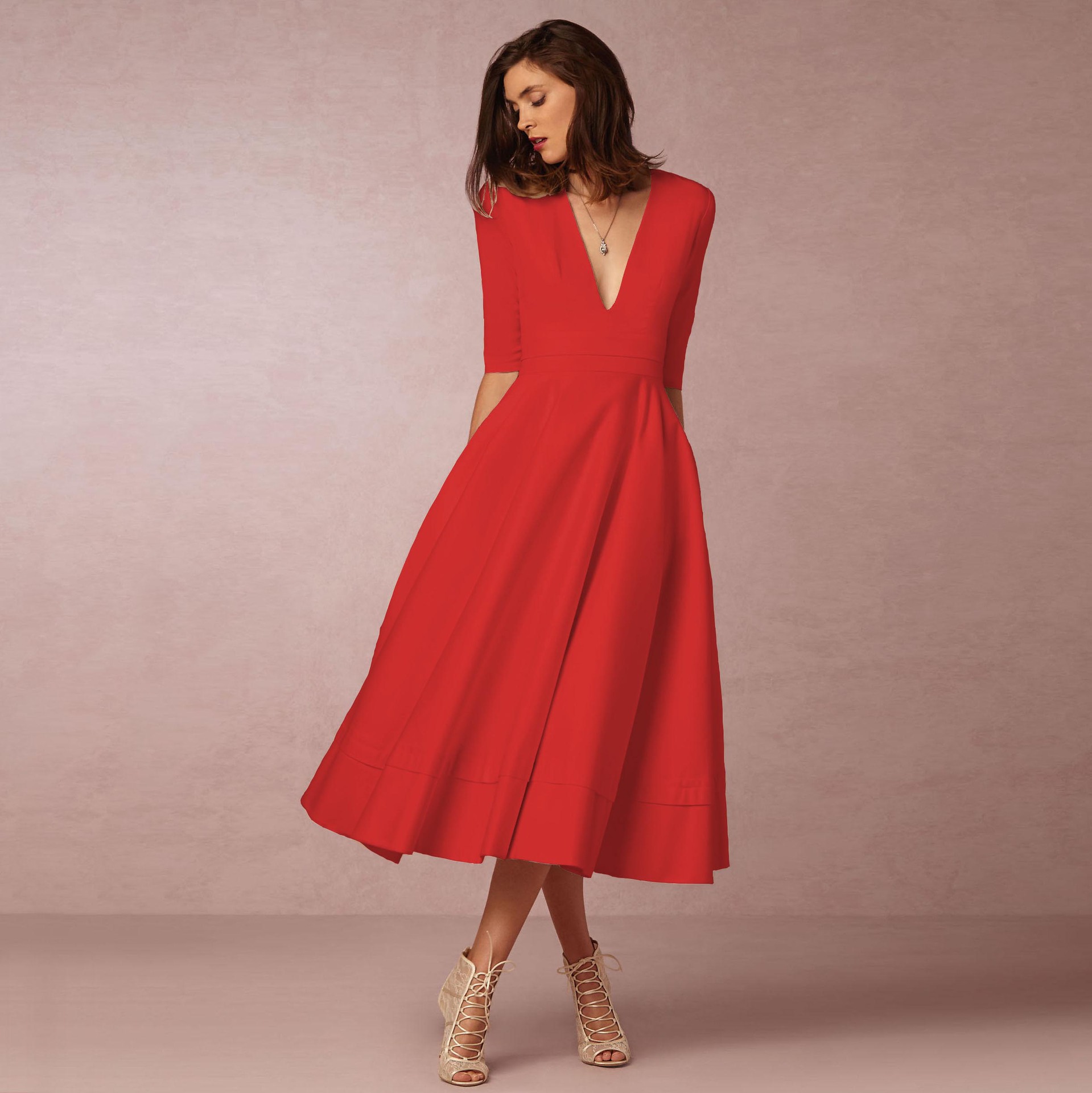 2023 new European and American foreign trade women's evening dress Amazon hot style sexy deep V mid-sleeve swing dress - Image 8
