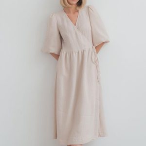 V-Neck Dress with Puff Sleeves and Tie Waist