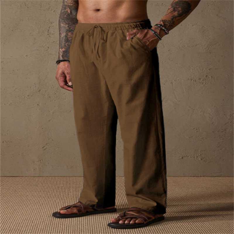 Cross-border European and American style men's linen drawstring solid color breathable outdoor loose casual straight leg cotton linen trousers - Image 6