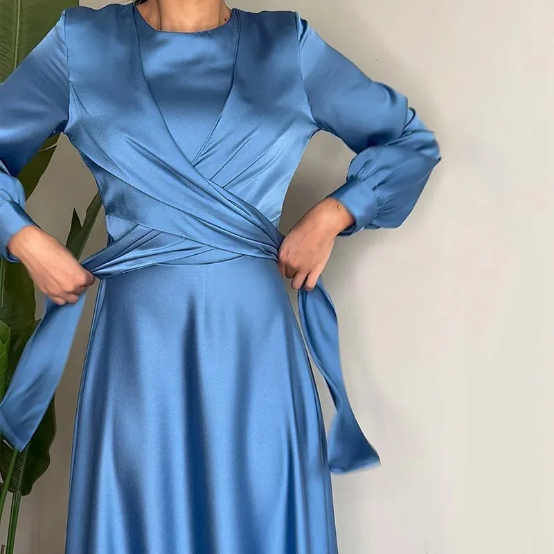 2023 Autumn European and American Amazon cross-border foreign trade new solid color round neck textured high-waist slim long-sleeved dress - Image 2