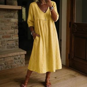 Loose V-Neck Cotton-Linen Dress with Lace Trim