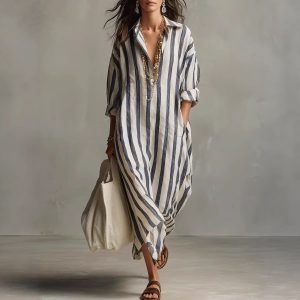 European and American independent website cross-border fashion loose V-neck long striped summer best-selling nine-sleeve women's shirt dress