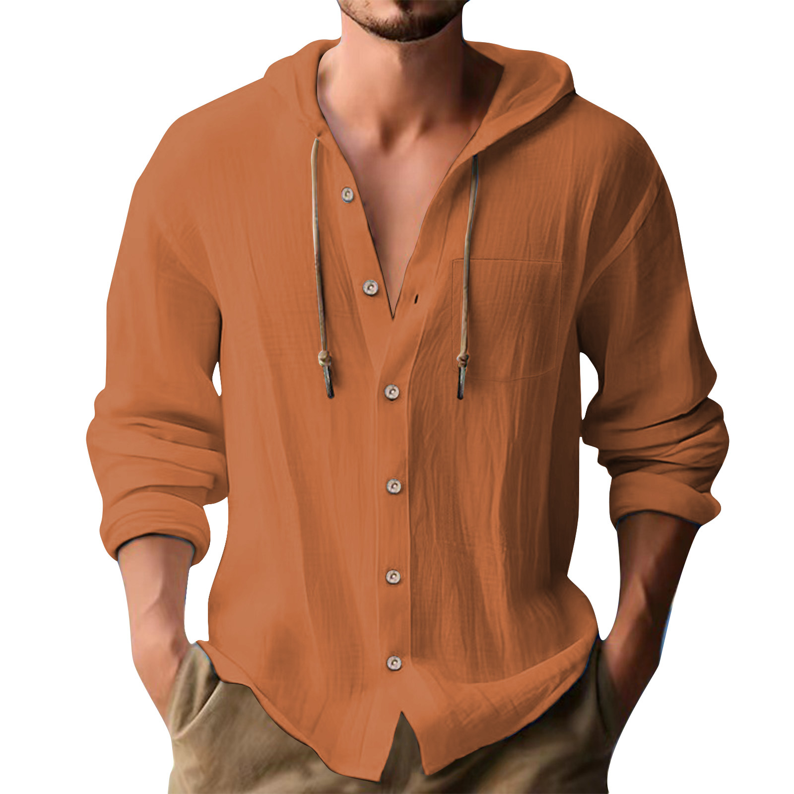 Cross-border European and American 2025 New Hot Selling Sports Trendy Hooded T-shirt Solid Color Cotton Linen Casual Long Sleeve Men's Shirt - Image 21