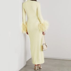 European and American fashion slim knitted long skirt women's autumn new niche feather cuffs hip high waist long-sleeved dress
