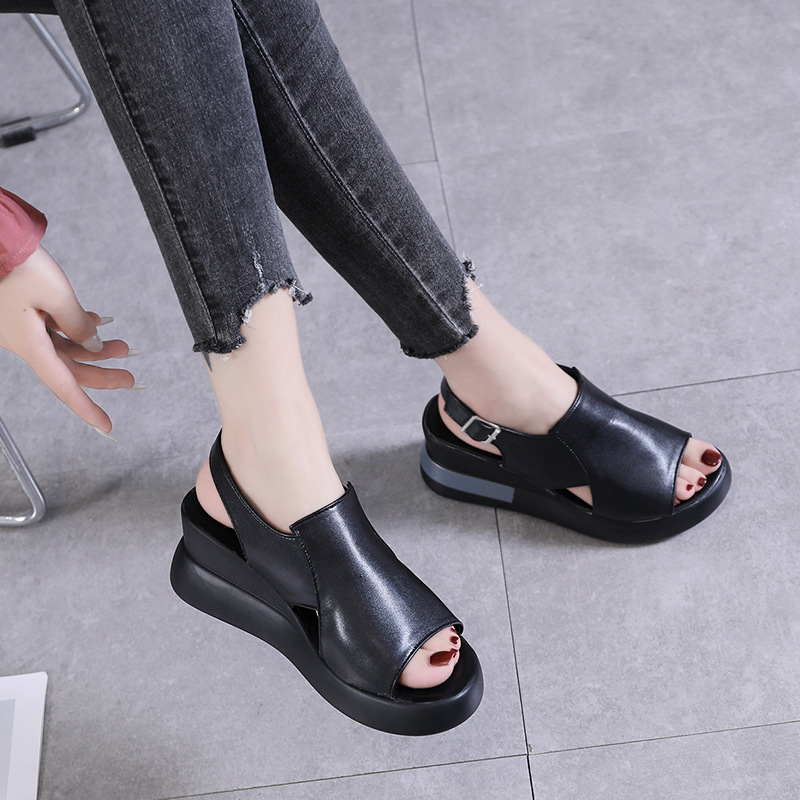 Thick-soled wedge sandals women's 2021 new summer high-heeled fish mouth women's shoes soft leather increased platform shoes - Image 4