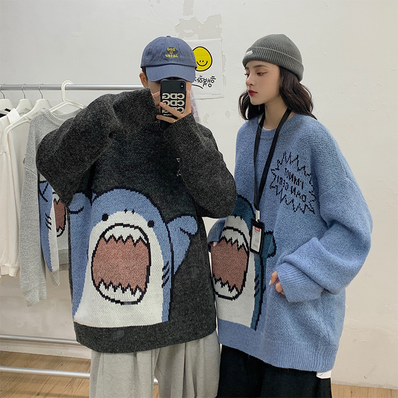 Autumn and winter shark cartoon round neck sweater men's casual loose Korean style trendy warm student thickened sweater - Image 6