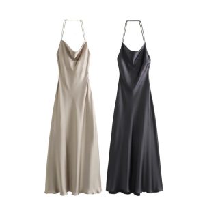 Foreign trade 2023 autumn new women's fashion satin texture backless underwear dress
