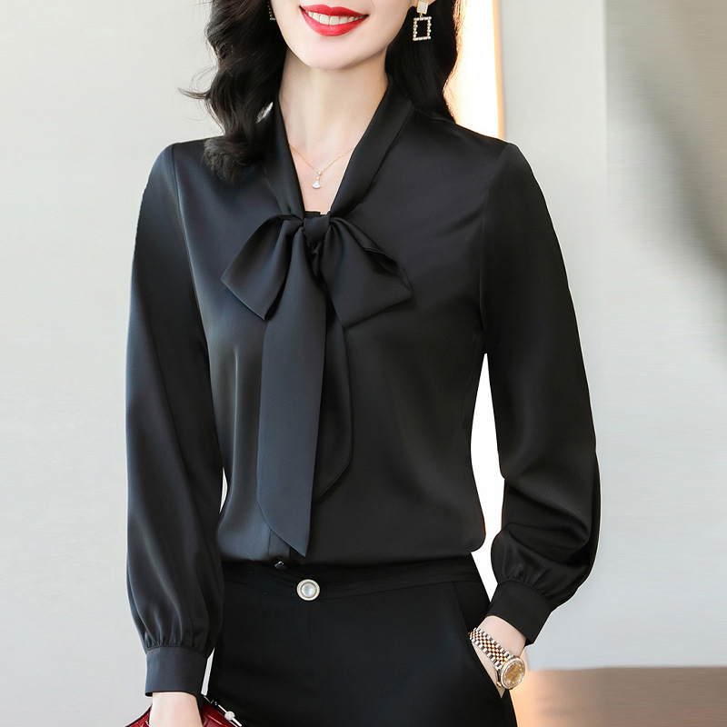 Bow tie single breasted cardigan casual shirt for women spring and autumn temperament solid color long sleeves western-style age-reducing shirt - Image 7