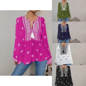 Women's Tie-Waist Lantern-Sleeve Shirt