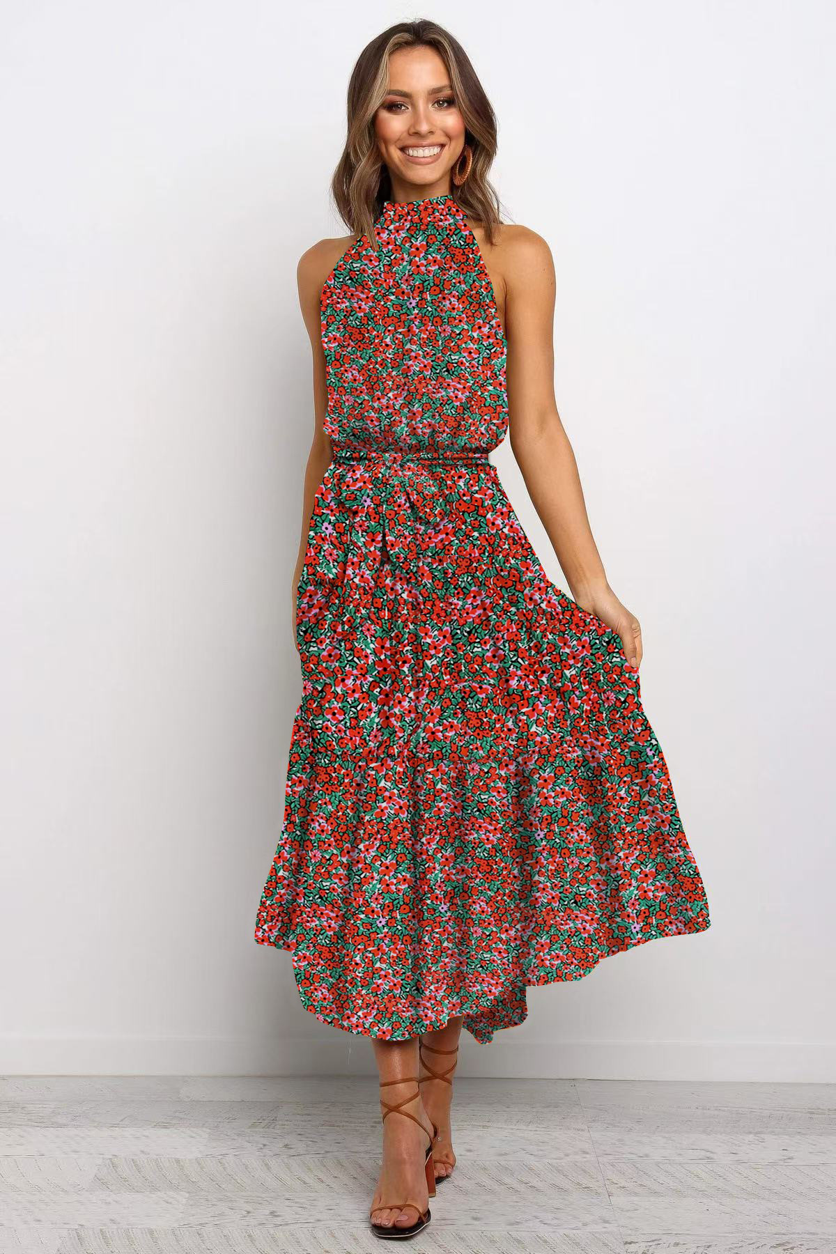 2025 European and American cross-border Amazon women's long skirt foreign trade hot-selling new halter neck polka dot print lace-up dress - Image 10