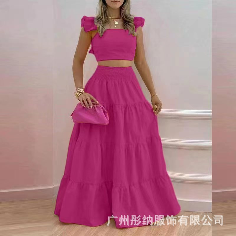 2023 summer European and American cross-border new temperament sexy solid color mid-waist suspenders two-piece suit dress - Image 11