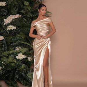 YJ24467 Mercerized One Shoulder Dress Slit Dress Women Celebrity Style Temperament Women's Sexy Slit Long Dress