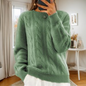 Foreign trade women's clothing 2024 autumn and winter new casual round neck solid color knitted sweater top retro twist pullover sweater for women