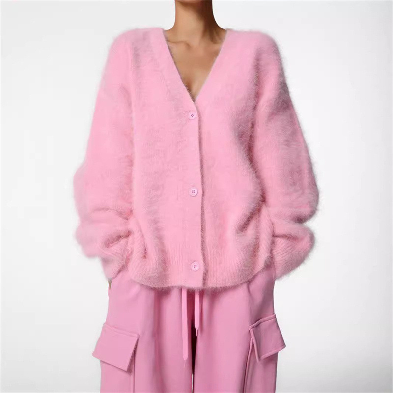 2025 Cross-border European and American Foreign Trade Faux Mink Fur Knitted Cardigan Women's Lazy Style Loose Soft V-neck Sweater Coat - Image 4