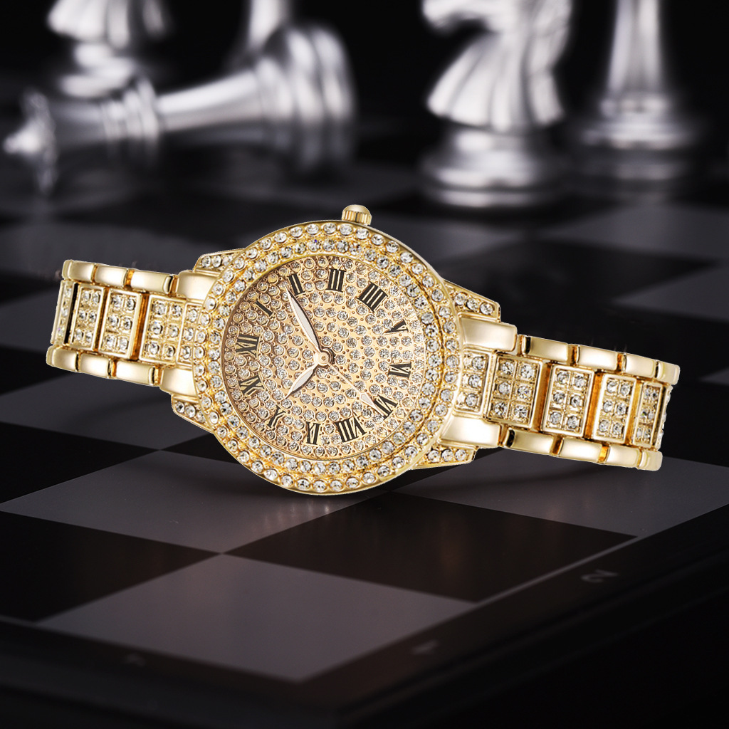 Roman literal steel belt watch full of diamonds starry temperament business quartz watch hip-hop style full diamond bracelet set - Image 3