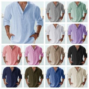 Summer New Casual Men's Loose Fit Stand Collar Sports Solid Color Long Sleeve Pure Cotton Shirt Plus Size Available