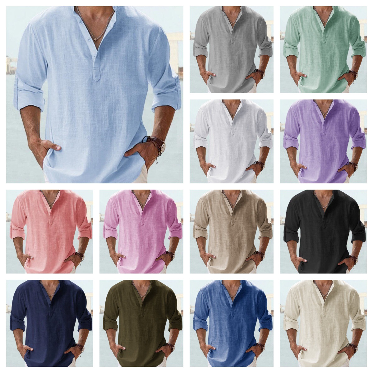 Summer New Casual Men's Loose Fit Stand Collar Sports Solid Color Long Sleeve Pure Cotton Shirt Plus Size Available