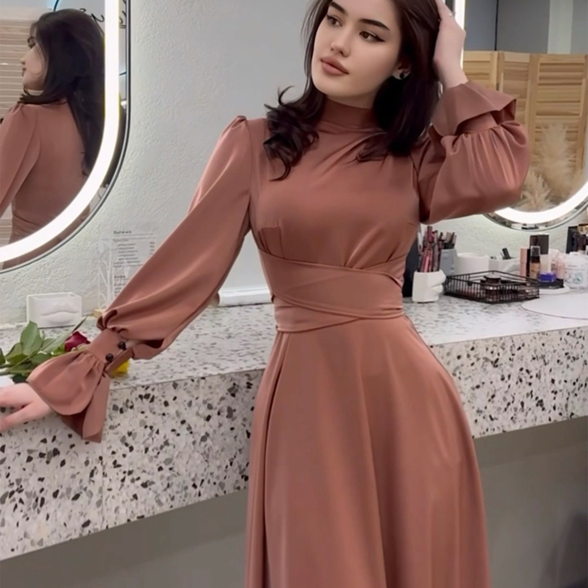 European and American Amazon cross-border foreign trade 2023 autumn satin long-sleeved elegant women's waist dress - Image 3