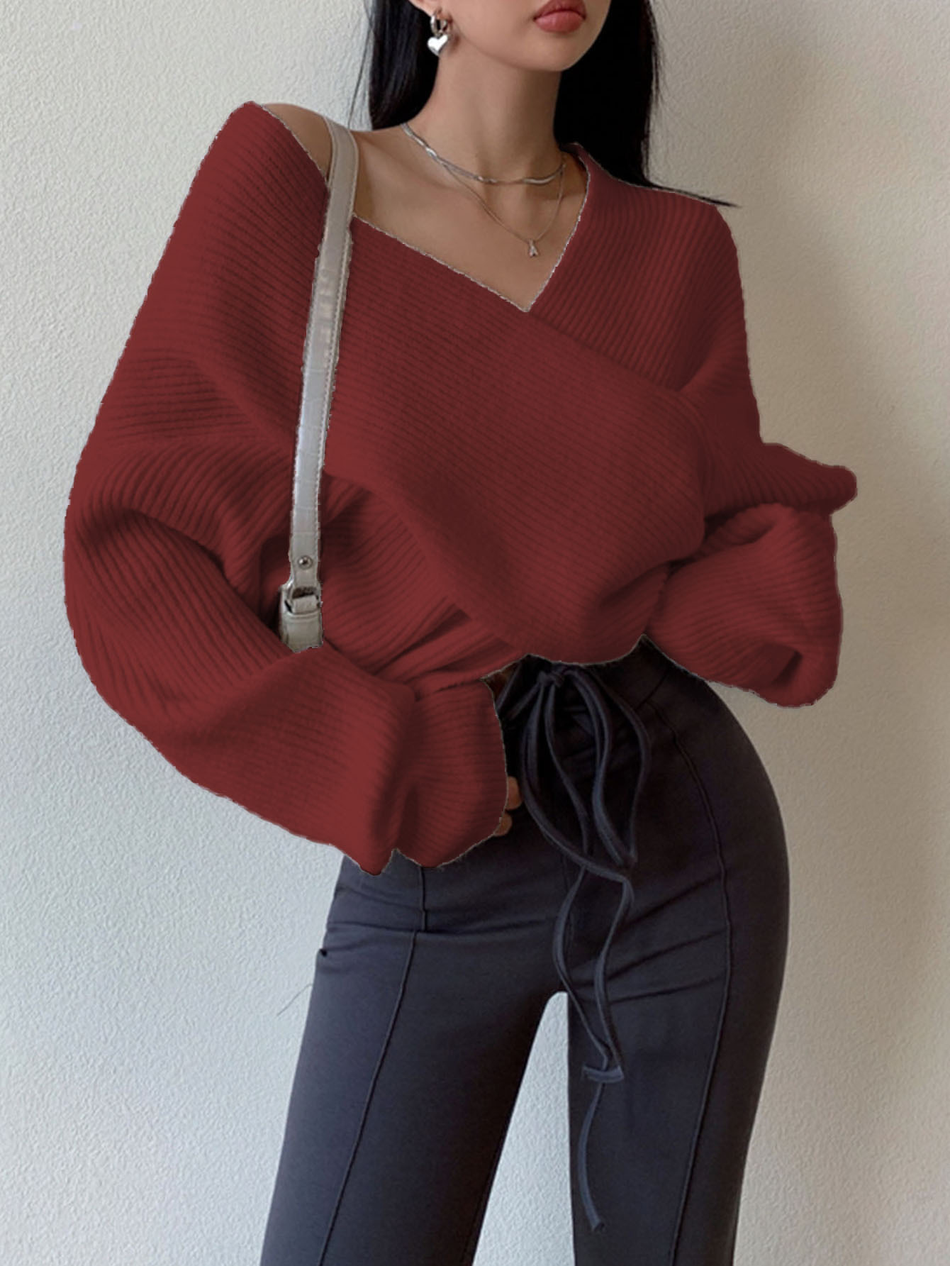European and American cross-border autumn and winter off-shoulder crossover irregular sweater women's new loose short base knitwear - Image 8