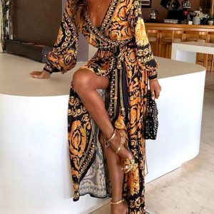 Cross-border 2019 European and American foreign trade wish Amazon hot sale casual sexy deep V slit dress printed long skirt